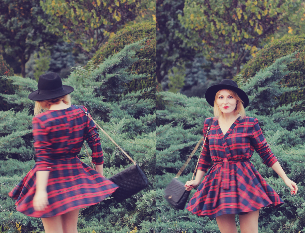 fall outfit the tartan dress and black hat