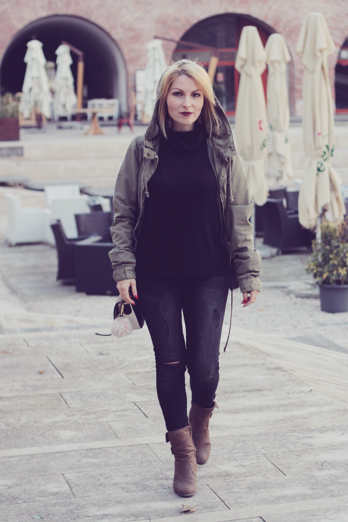 hooded parka and jeans