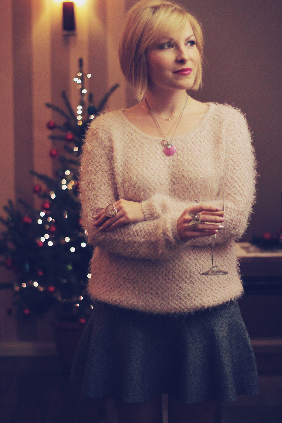 christmas fluffy pink jumper with grey skater skirt