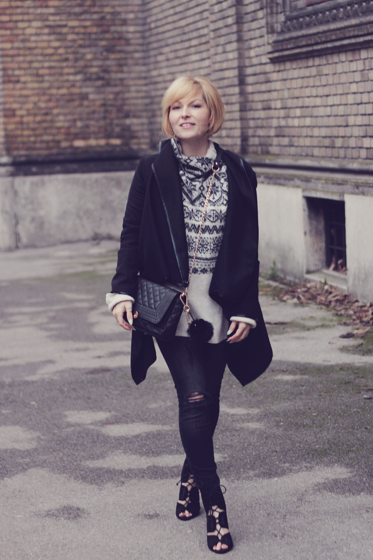 christmas winter jumper with heels and black coat