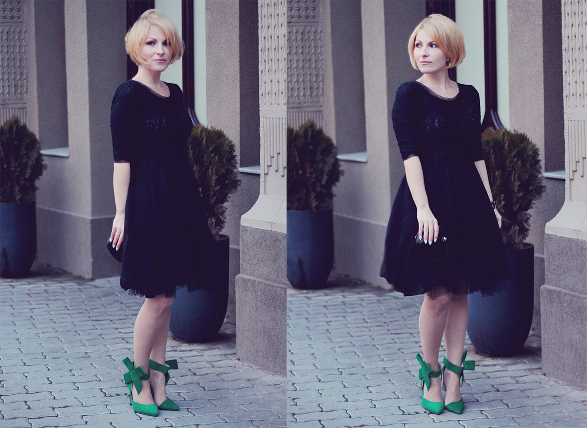 holiday look-black dress with big bow high heel stilettos