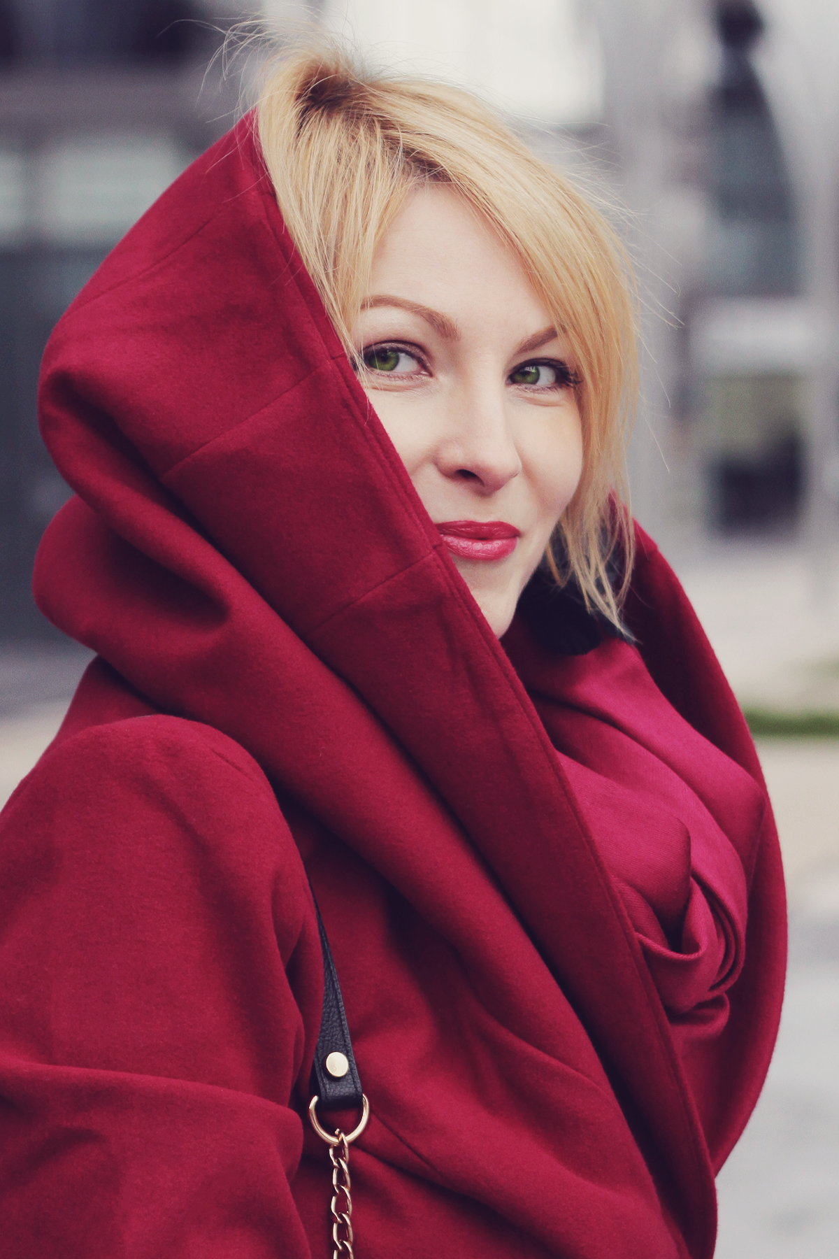burgundy coat and red lips