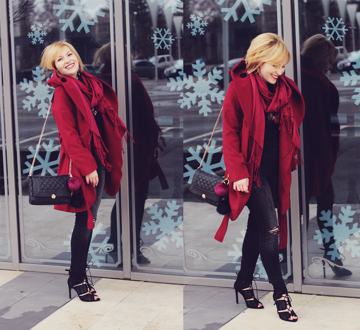 burgundy coat with scarf jeans and heels