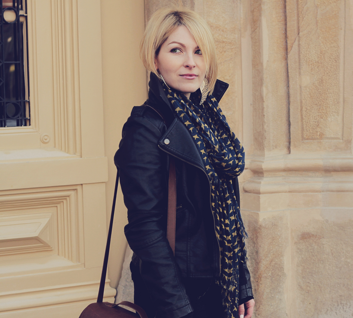 leather jacket and pattern scarf