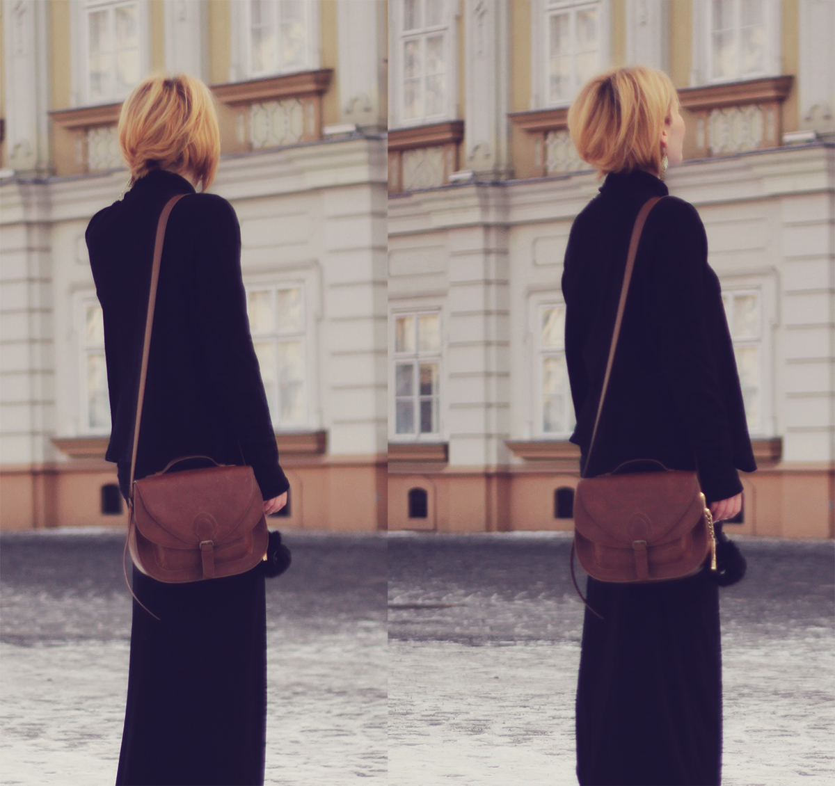 long black skirt and brown shoulder bag