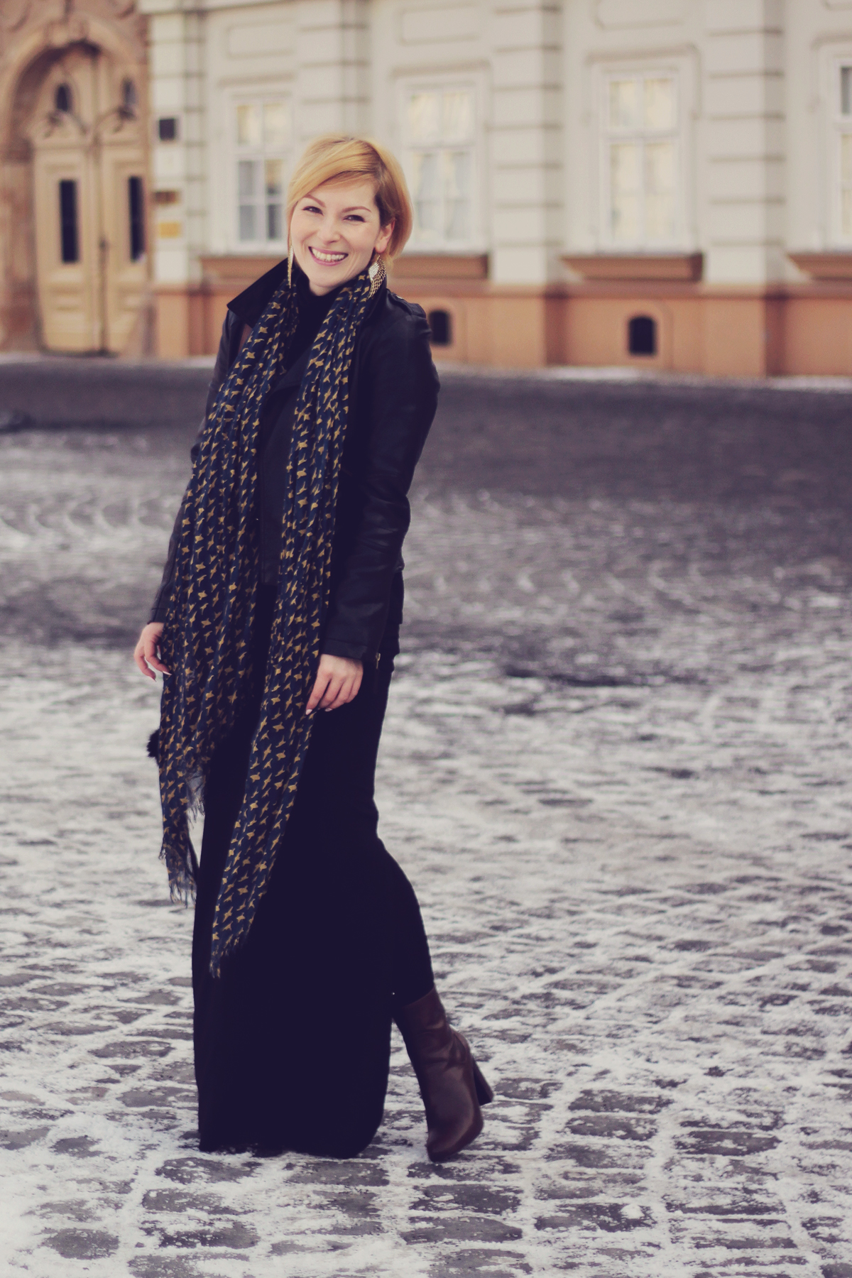 long black skirt and scarf