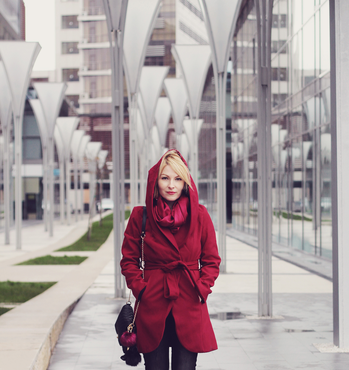 the burgundy coat and scarf