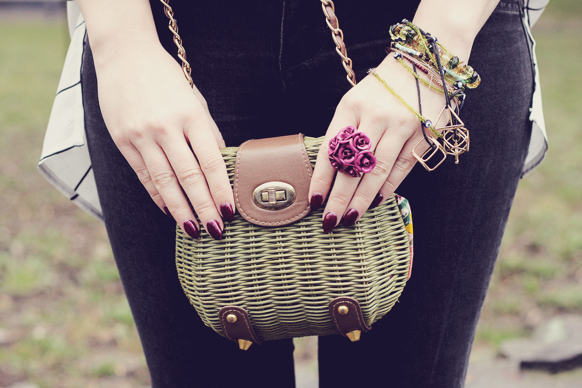 green purse and black cherry nails