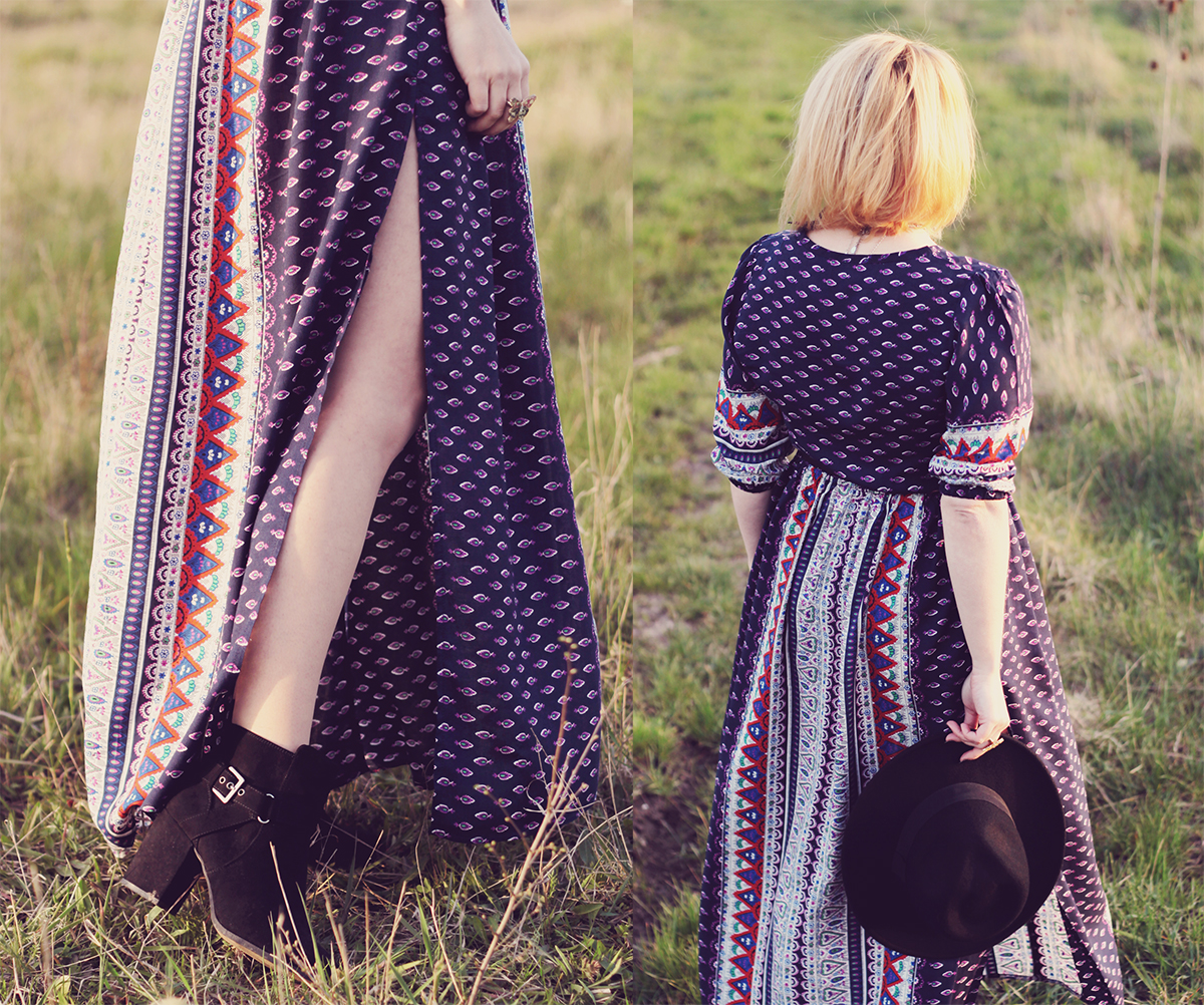 festival fashion - pattern high slit dress and black shoes and hat