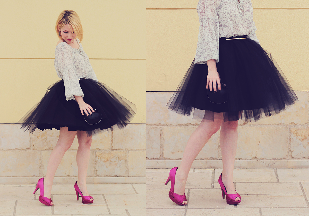 the black tulle skirt and pink pumps