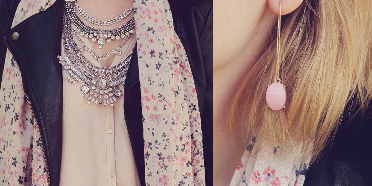 crystal statement necklace and pink drop earrings