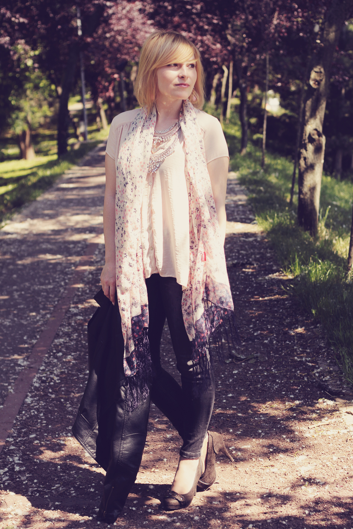 muted pink scarf and top