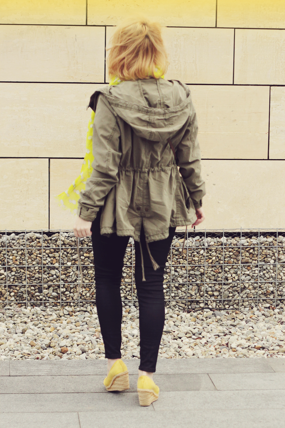 yellow wedges and parka