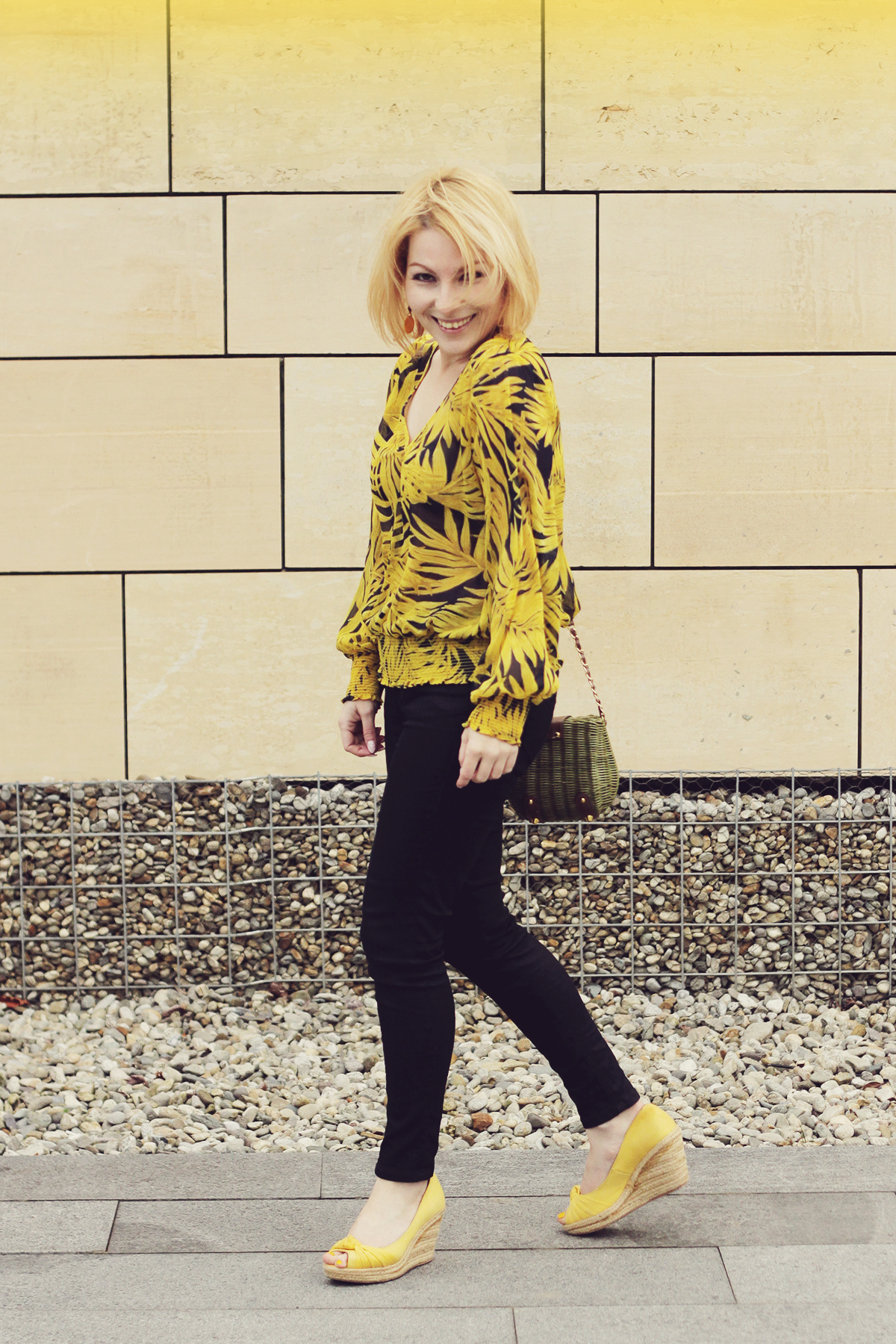 yellow wedges and yellow chiffon pattern blouse
