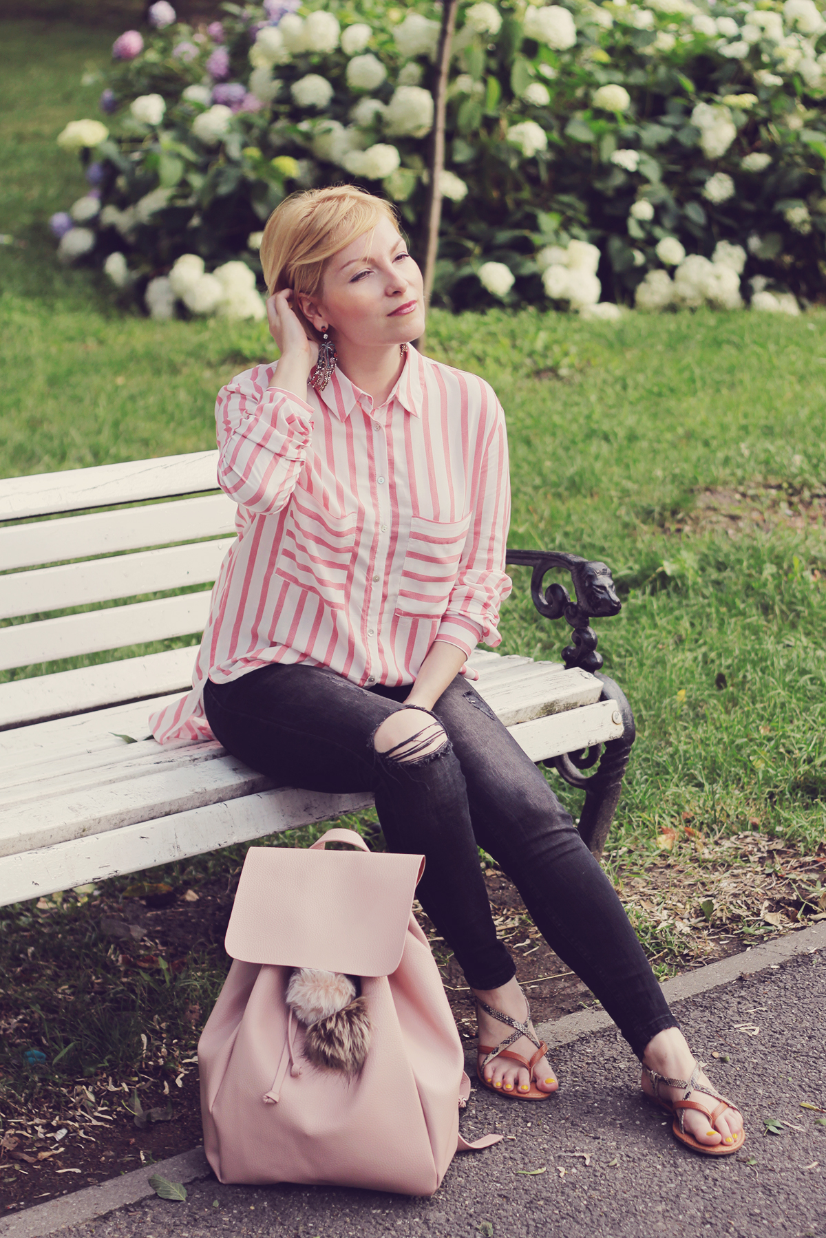 pink backpack and stripe shirt