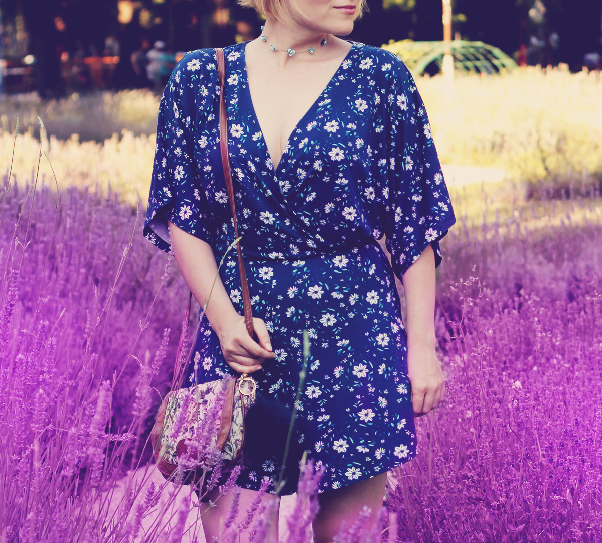 blue floral romper and choker in lavender