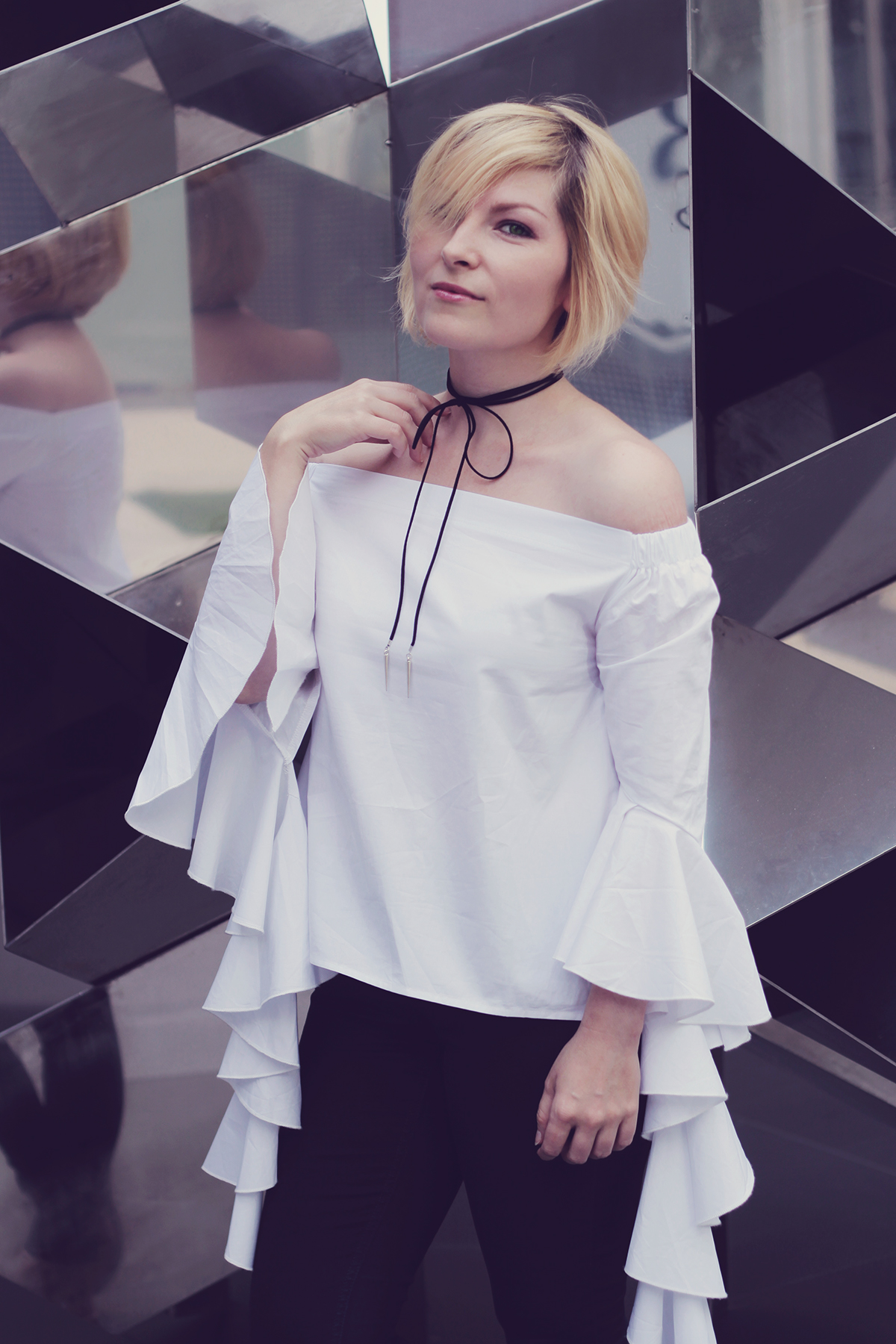 zaful wrap choker and flare sleeve off the shoulder blouse