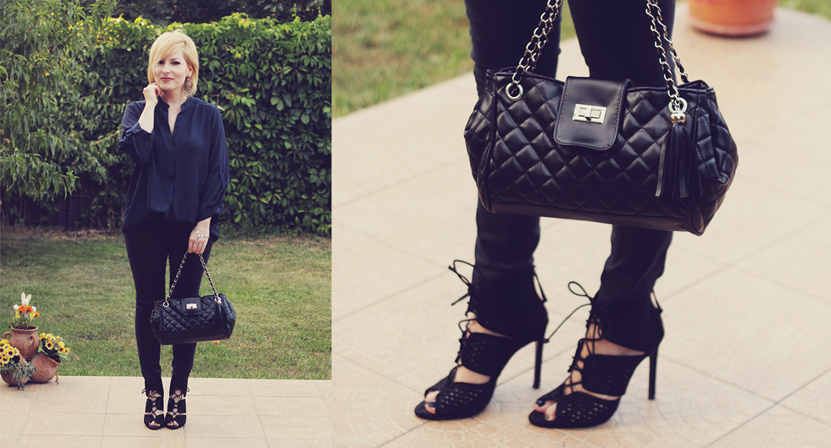black chevron shoulder bag and zara heels