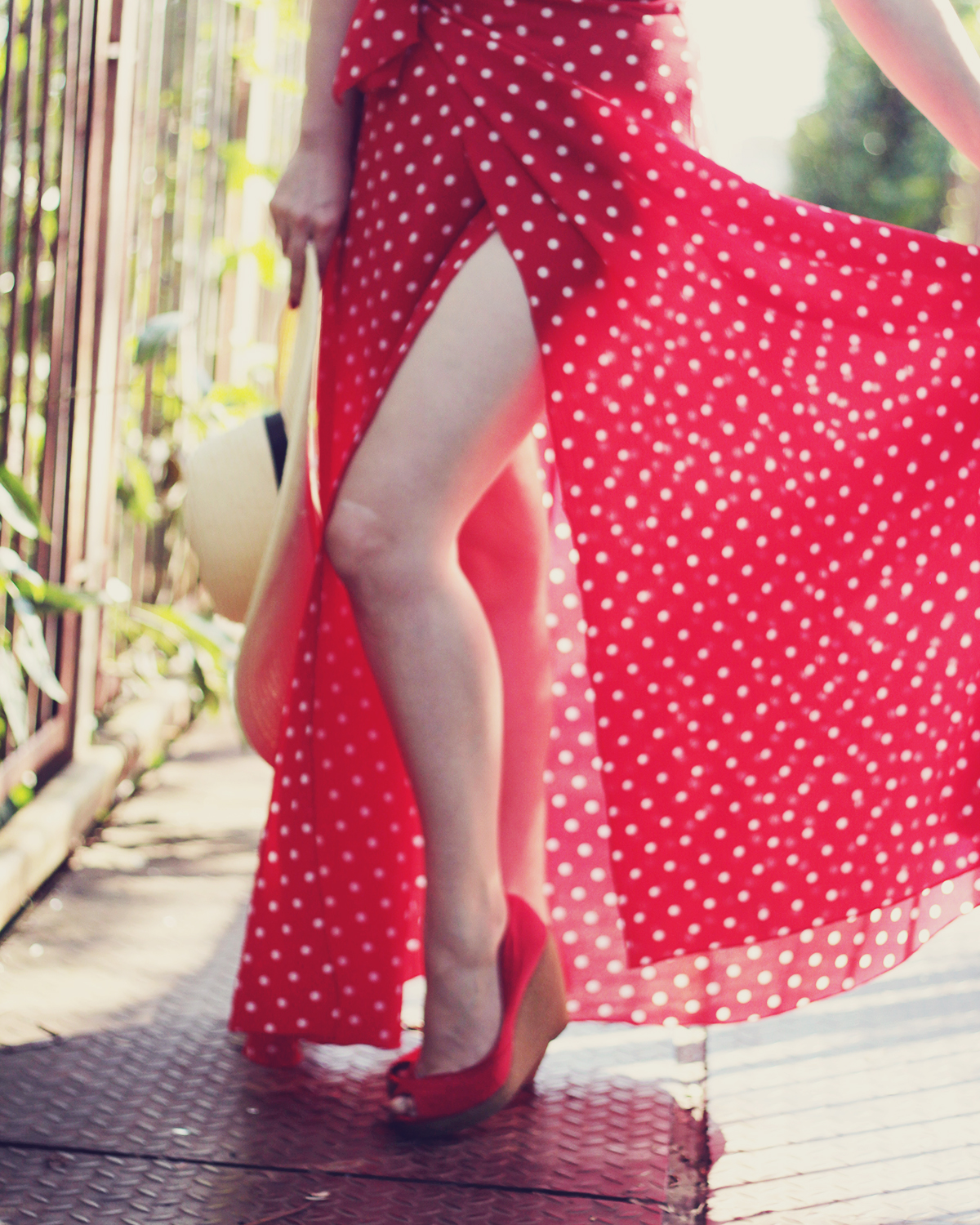 red maxi polka dot dress, red platforms, summer, high slit