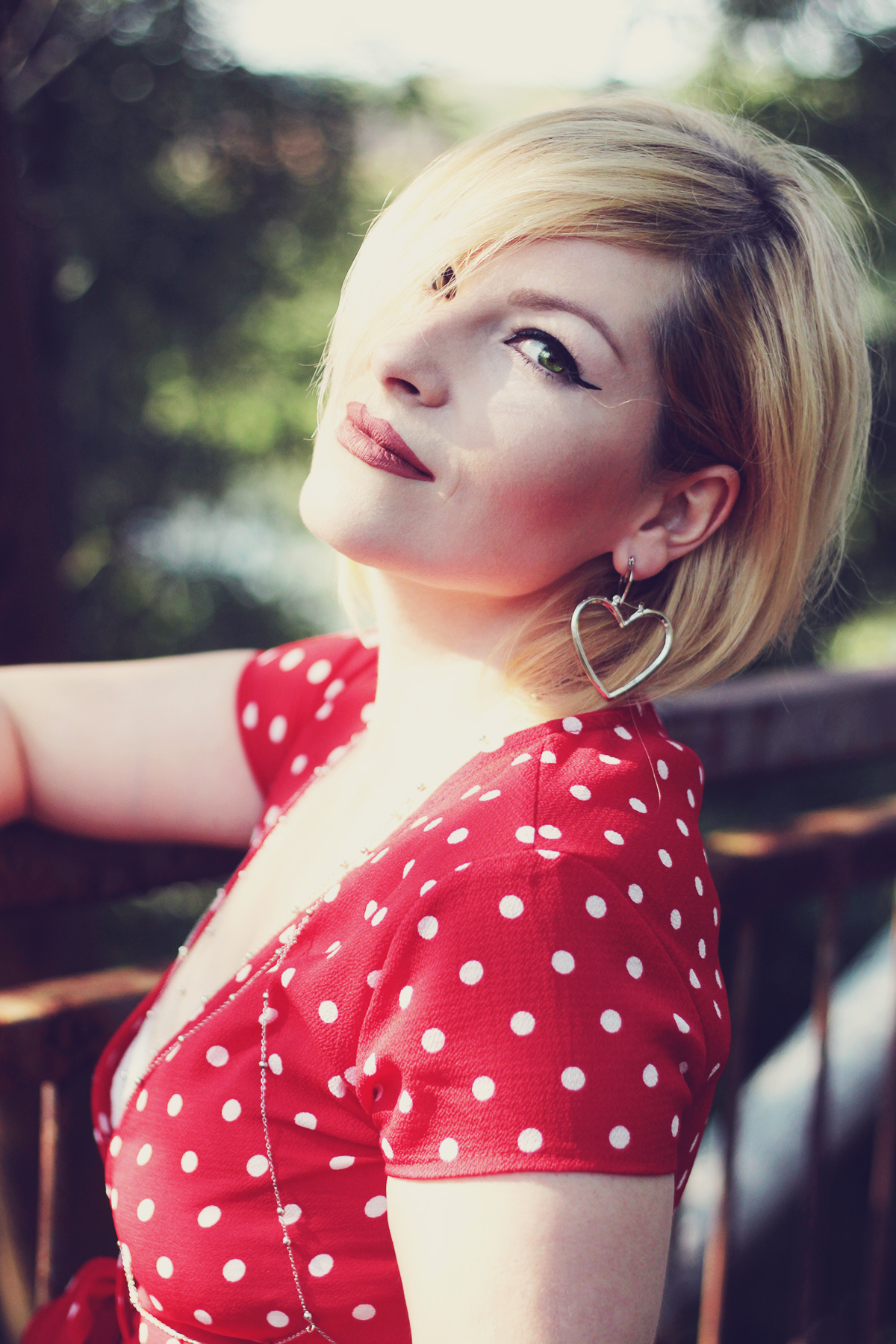 red polka dot dress, heart earrings, make-up, matte lips, summer