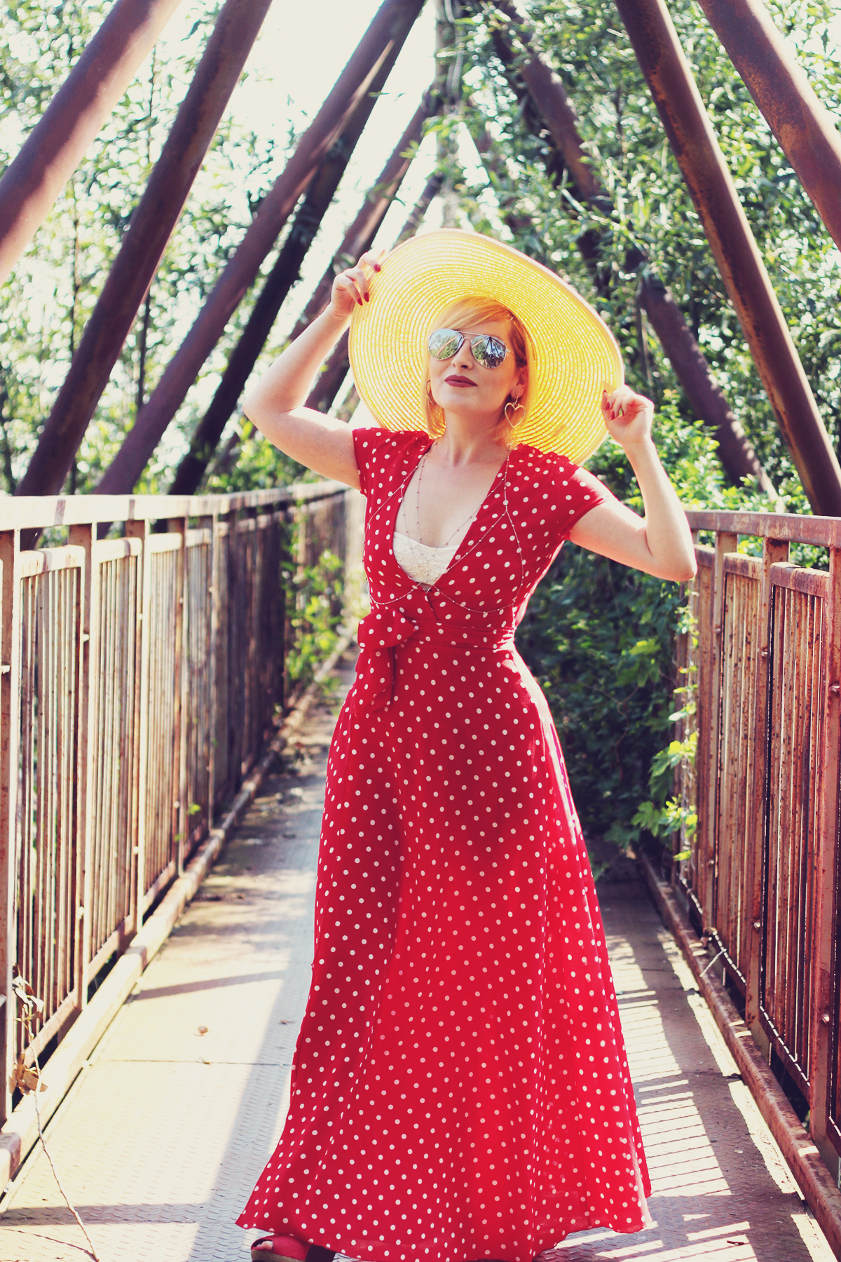 red maxi polka dot dress, body chain, straw hat, asymmetric heart earrings, summer