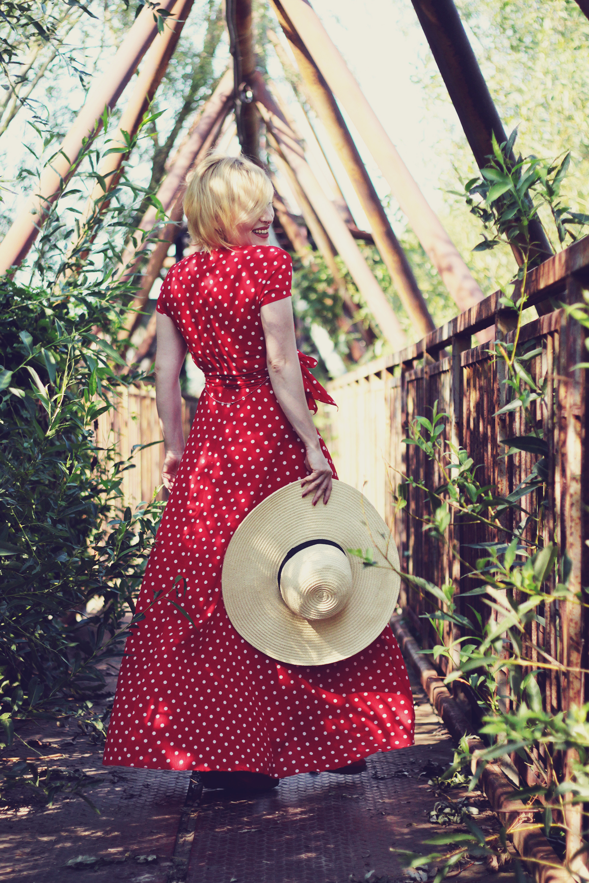 red polka dot maxi dress, straw hat, summer