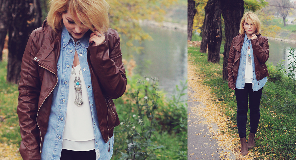 autumn bohemian chic, denim shirt, white top, bohemian necklace, bohemian rings, temporary tattoos, jeans, matte lips, leather jacket, boots