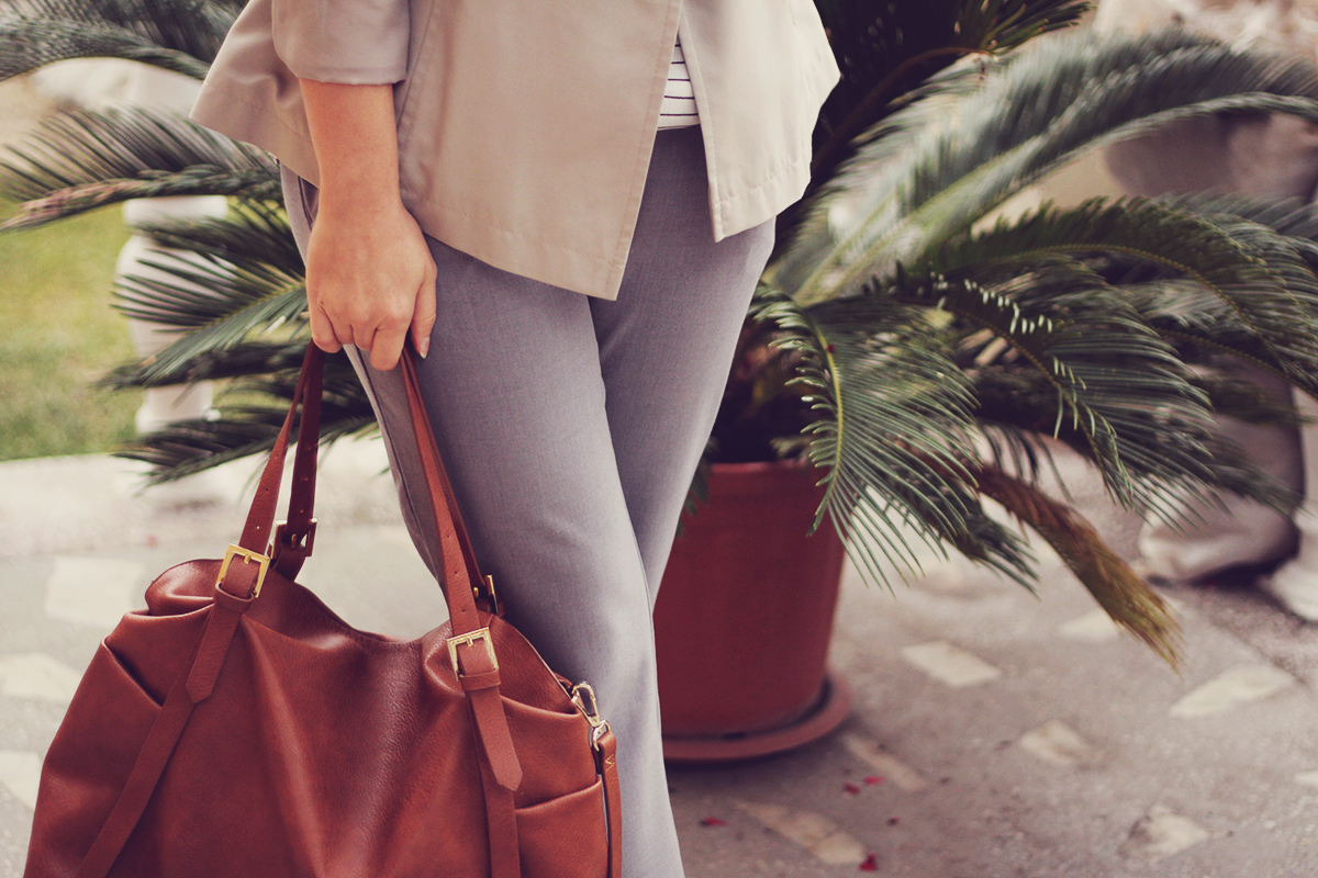 office classic look, short trench, stripe top, brown bag, grey pants