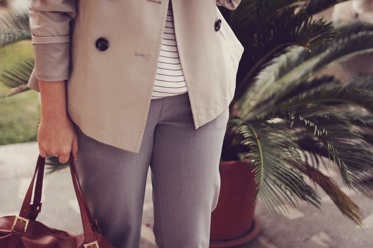 office classic look, short trench, stripe top, brown bag, grey pants
