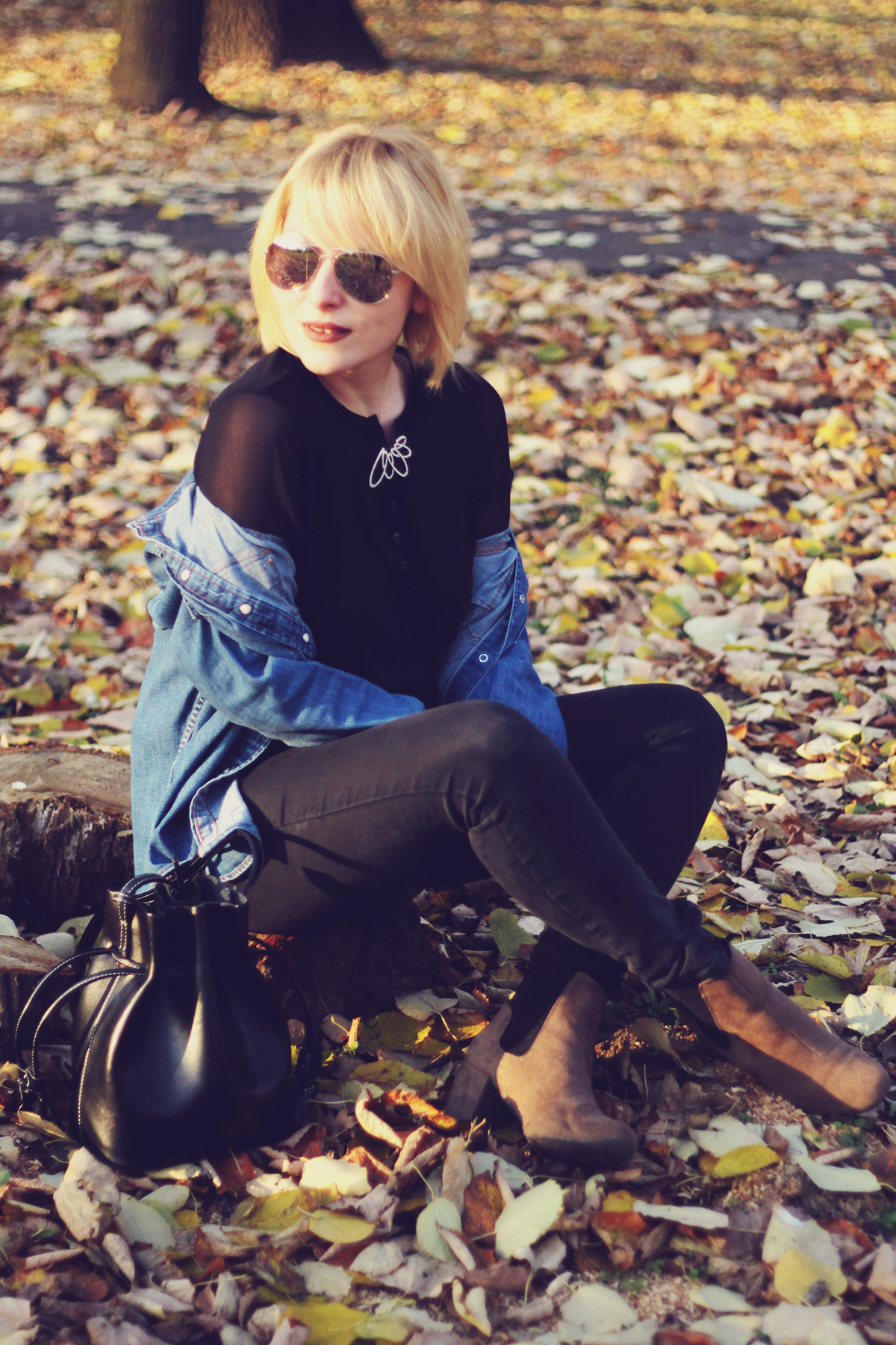 autumn, denim shirt,swarovski vintage brooch, jeans, boots, fashionmia black top, bucket bag, aviator mirror sunglasses, blonde bob