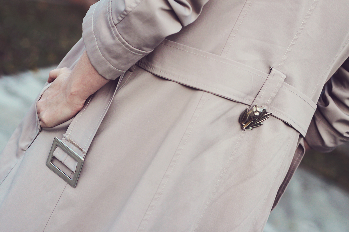 long trench coat, kenzo jungle vintage brooch
