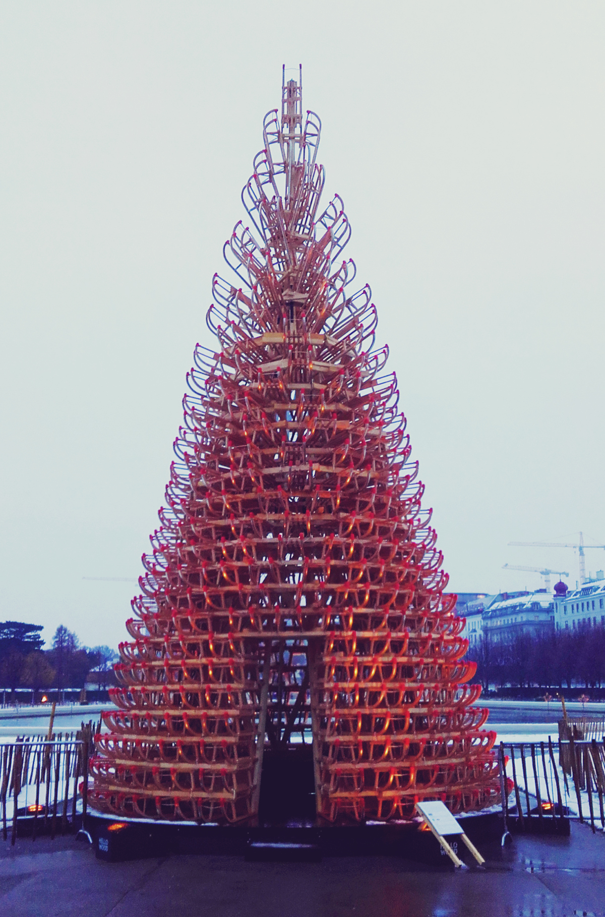 Vienna Christmas Market, creative Christmas tree made out of wood sleighs