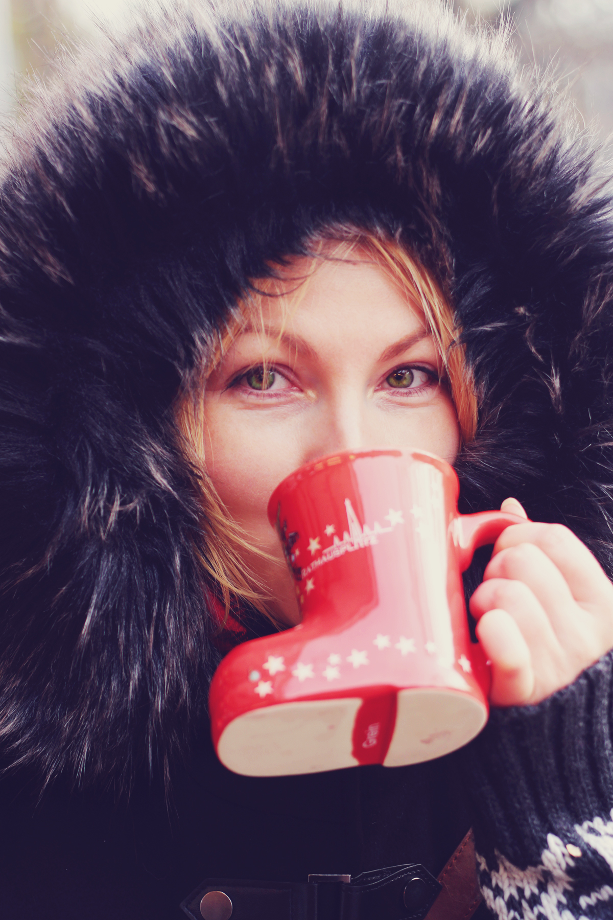 Vienna Christmas Market, me drinking mulled wine, faux-fur, winter, traditional austrian hot beverage cup