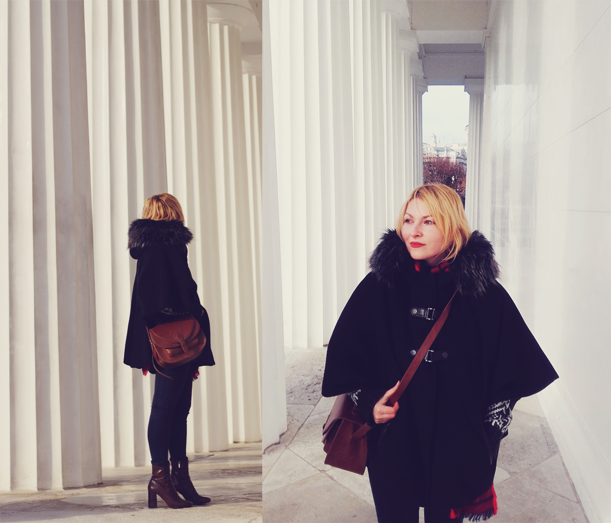 Vienna, winter, Theseus Temple, colonnades, winter coat, boots, jeans, winter fashion, travel