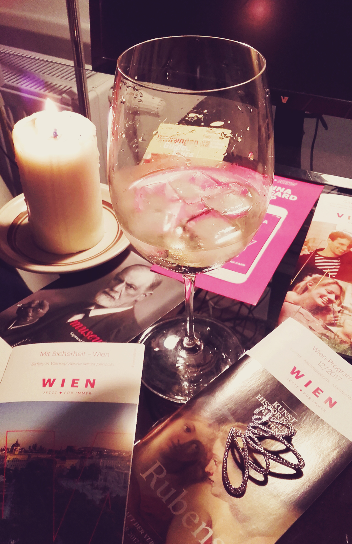 glass of sparkling wine, Vienna, travel, vintage Swarovski brooch