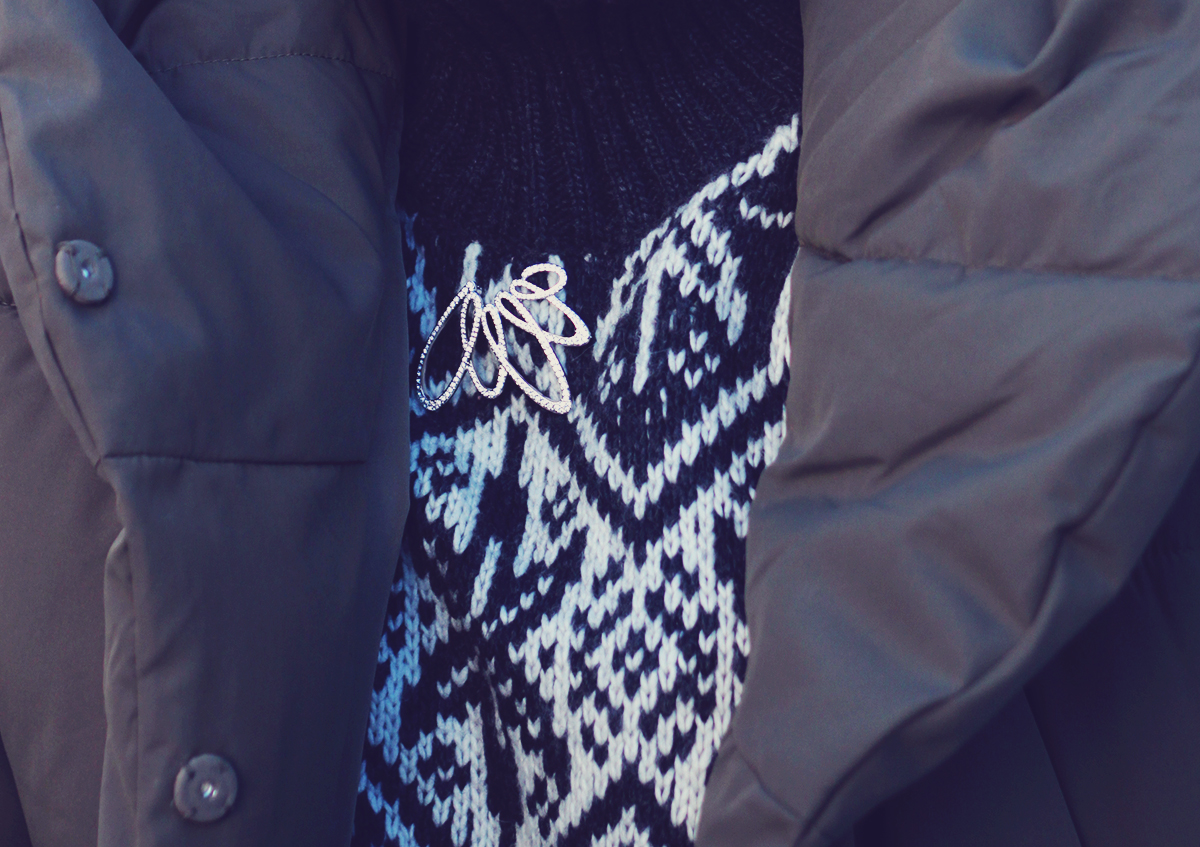 winter fashion, padded jacket, vintage Swarovski brooch, winter sweater