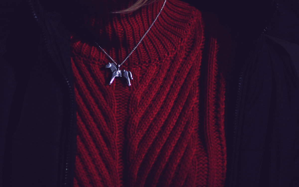 winter fashion, zaful sweater, playmobil horse pendant, winter jacket, night shot
