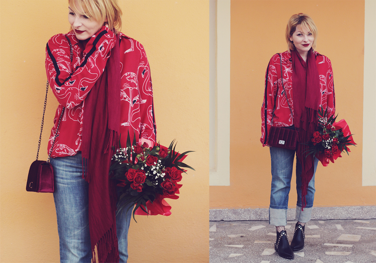 colorblocking, red, winter look, red long scarf, red flamingo shirt, red velvet mini bag, red roses bouquet, boots, spring, fishnet stockings, jeans