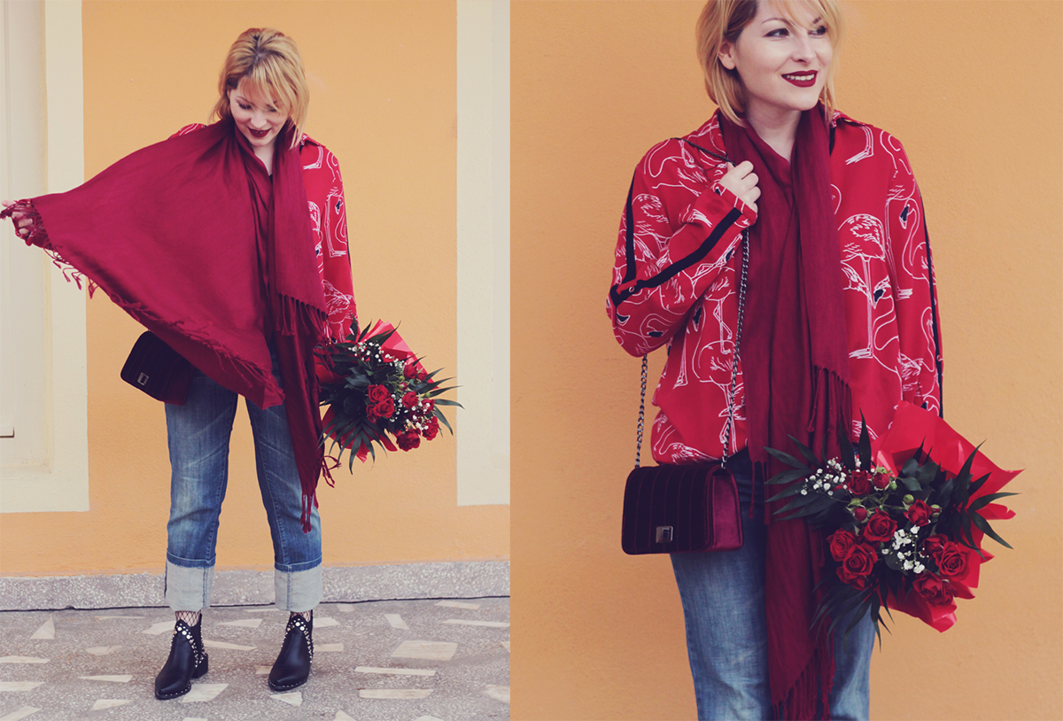 colorblocking, red, winter look, red long scarf, red flamingo shirt, red velvet mini bag, red roses bouquet, boots, spring, fishnet stockings, jeans