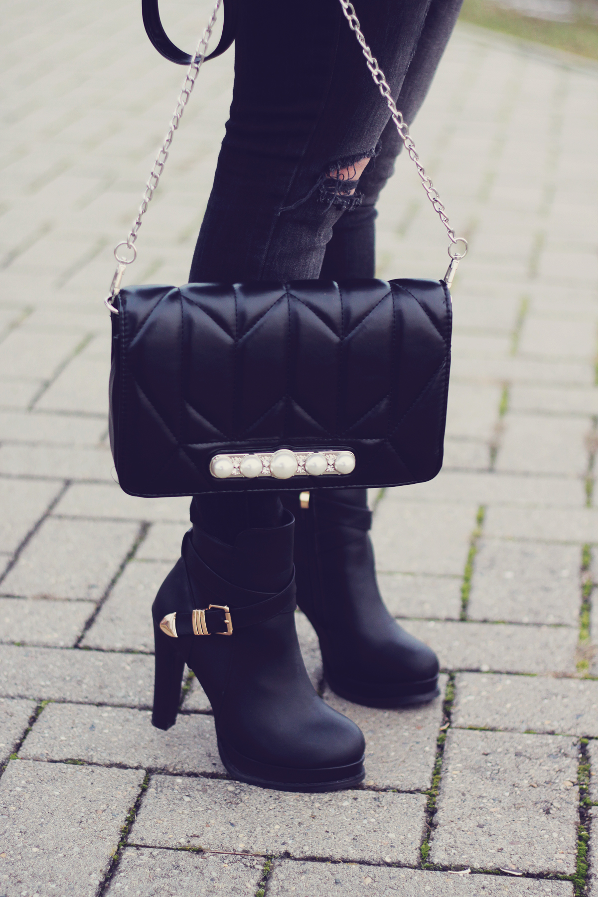 winter fashion, high boots, chevron bag with pearl detailing