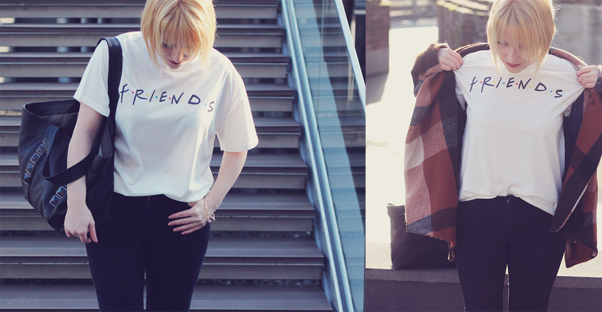 Friends t-shirt, Marc Jacobs tote bag, jeans, street, spring, spring fashion, short blonde bob