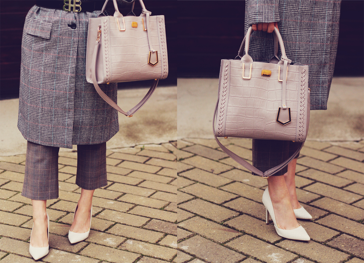 Hugo Boss belt, gingham coat and pants, white heels, tote bag, office look, work outfit inspiration