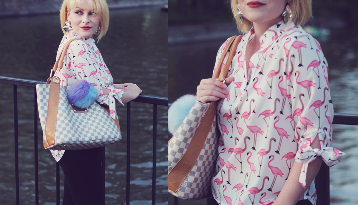 Louis Vuitton bag, pom-pom, pink flamingo shirt, jeans, modern geometric silver earrings, spring look