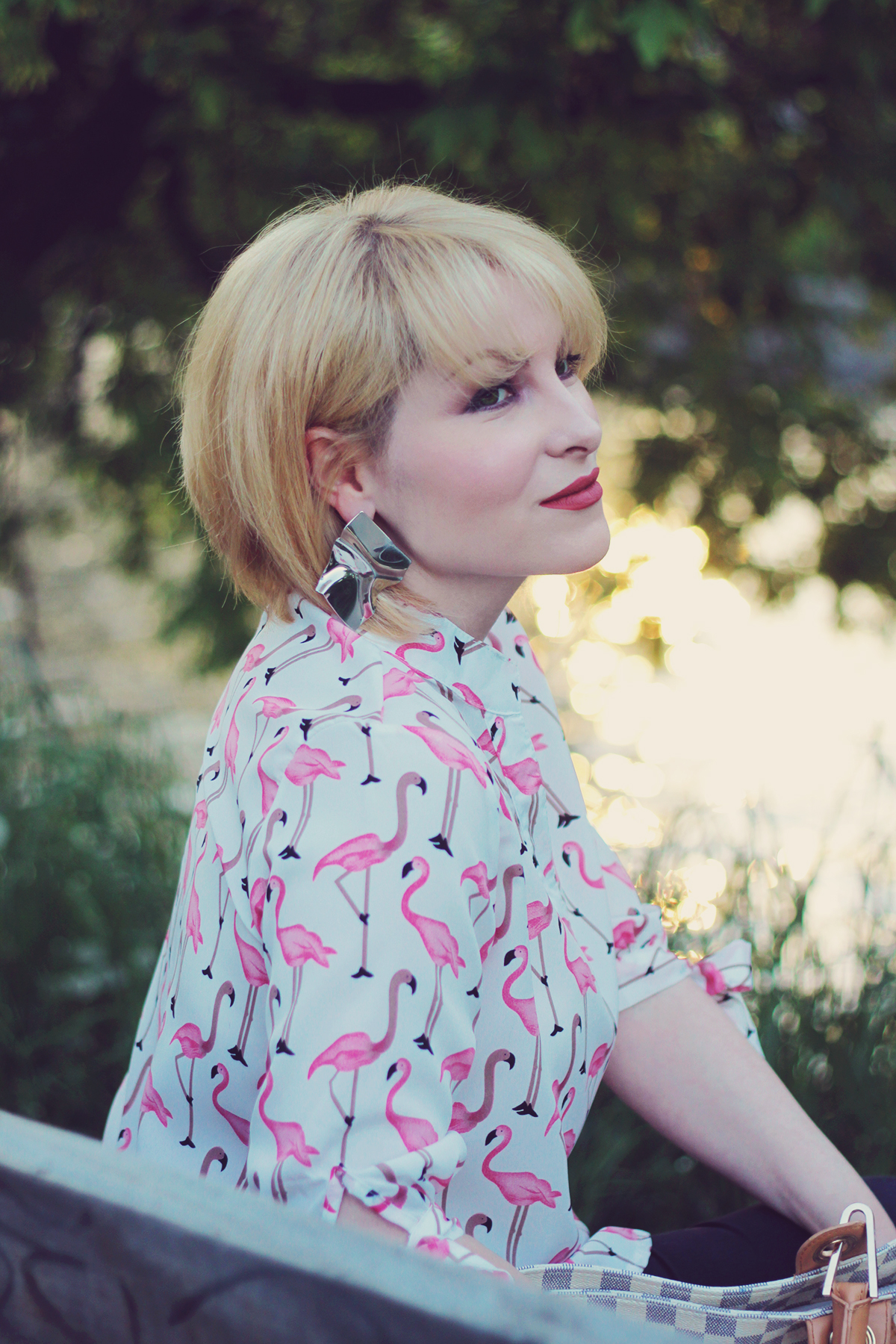 pink flamingo shirt, modern geometric silver earrings, spring look, make-up, blonde bob