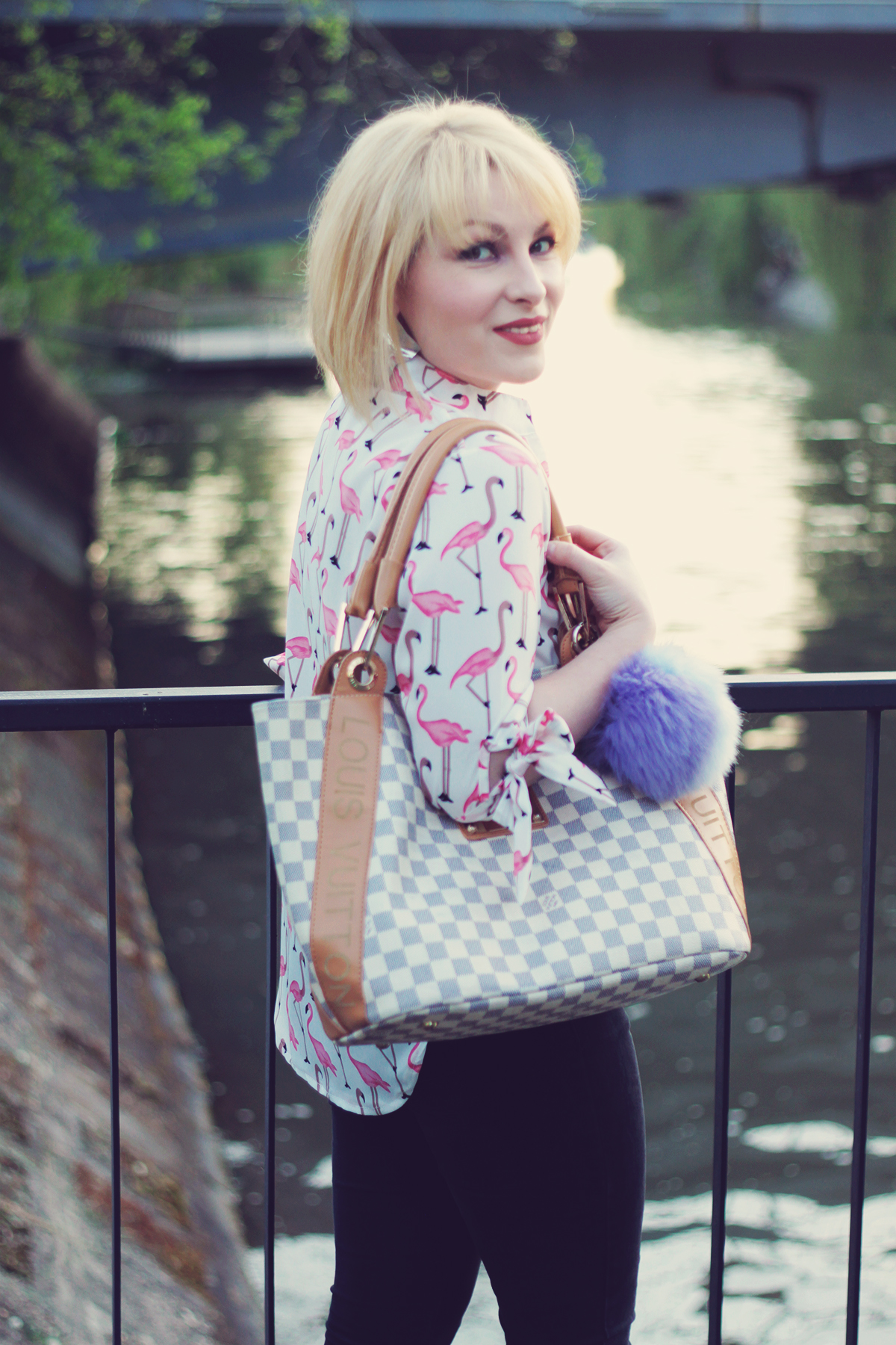 Louis Vuitton bag, pom-pom, pink flamingo shirt, jeans, modern geometric silver earrings, spring look
