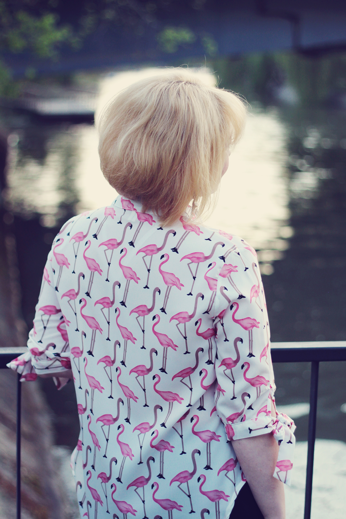 pink flamingo shirt, spring look, blonde bob