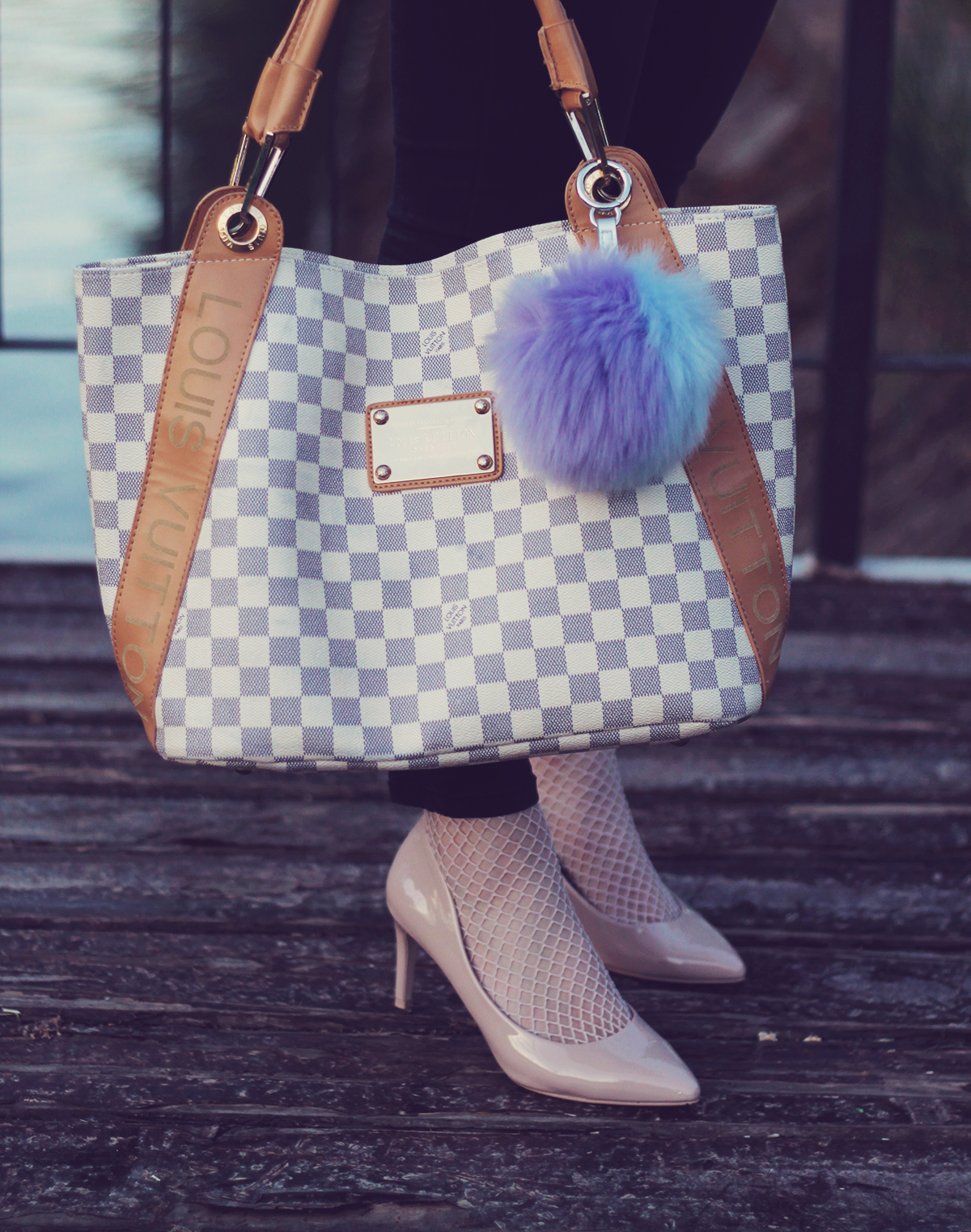 Louis Vuitton bag, pom-pom, jeans, nude heels, fishnet nude stockings, spring look