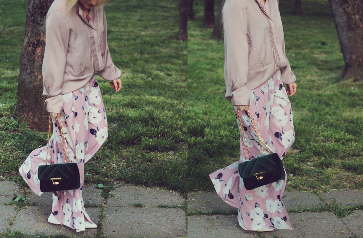pink floral pants, white heels, velvet emerald chain bag, silk shirt, pink heart necklace, floral heart ring, spring, special occasion look