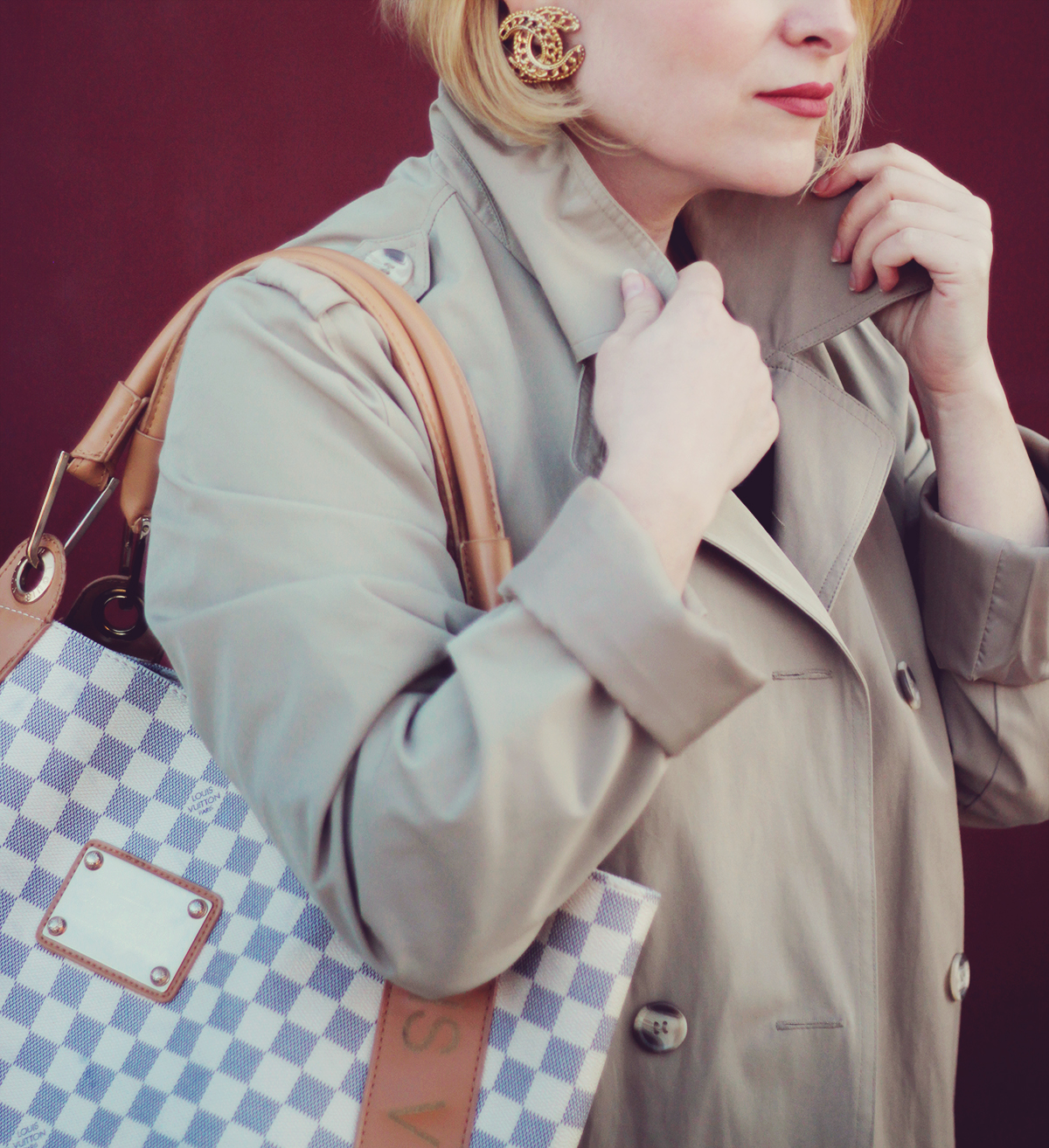 louis vuitton bag, long trench coat, spring look, spring, matte lips, vintage chanel dupe earrings