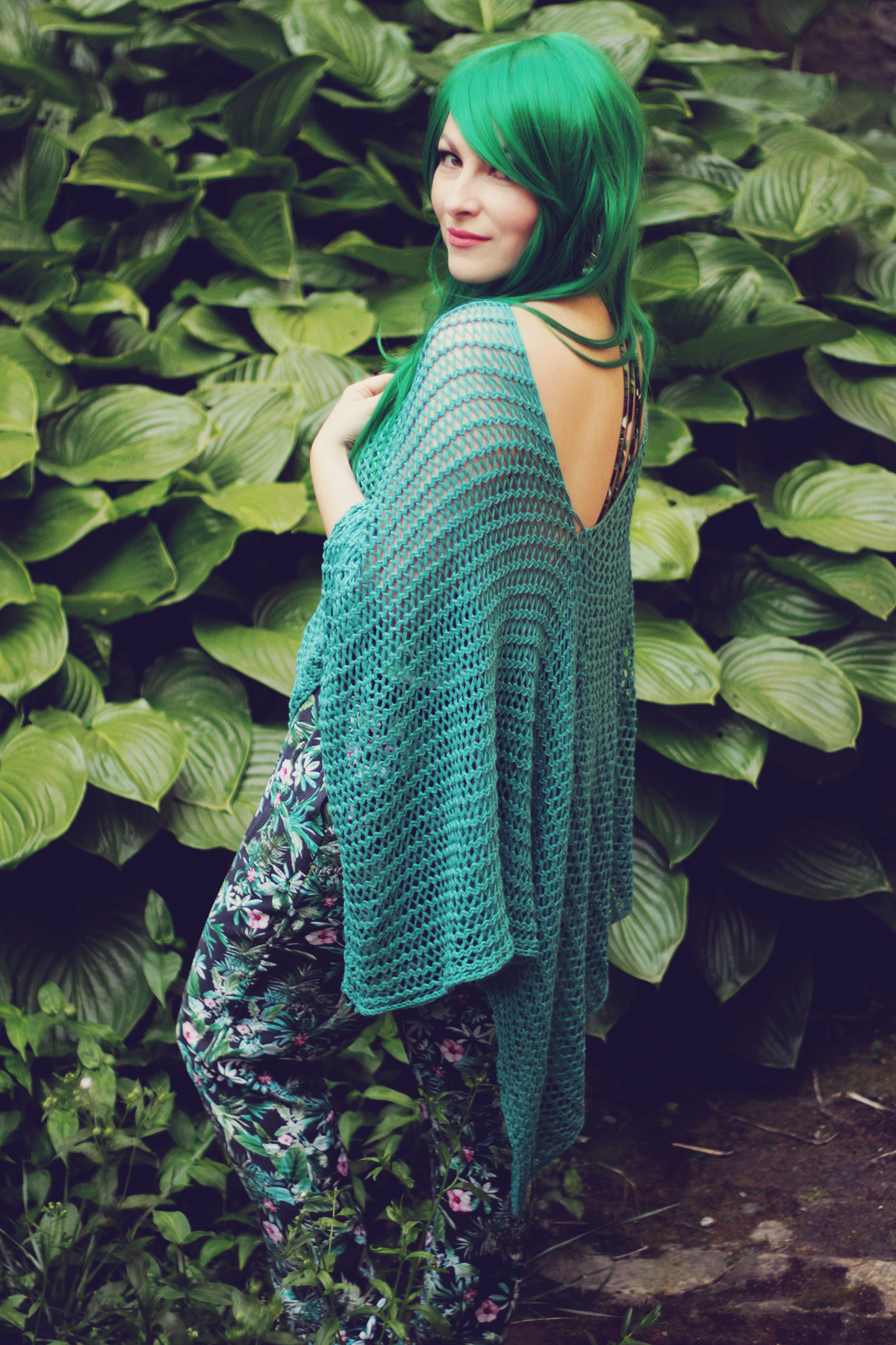 emerald green wig, crochet beach poncho, floral Summer pants, Summer fashion, tropical mermaid